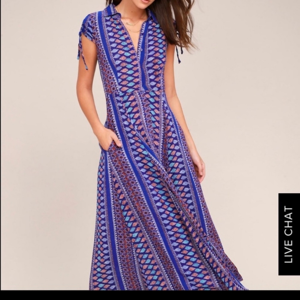 Blue Printed Maxi Dress with Cap Sleeves